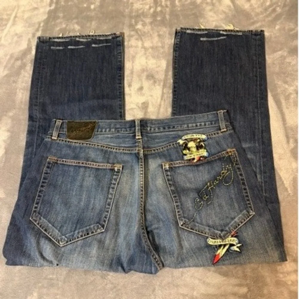 Ed Hardy Christian Audigier Denim Jeans Men 40x32 Blue Embroidered Button Fly